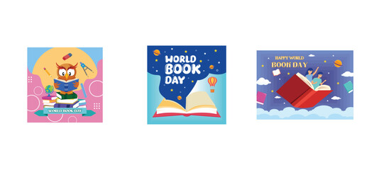 World Book Day Design by Owl Reading A Book. World Book Day. Open book with blue sky background. Increase Insight and Knowledge Suitable for Wallpaper or Posters. Set flat vector modern illustration