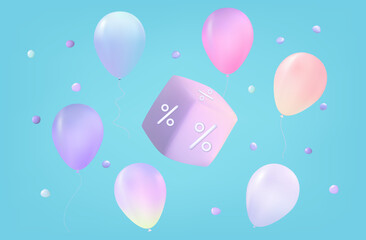 Reduced interest. 3d discount percentage, pink cube with balloons, bargain purchase, low prices. Flying cube with confetti, gaming icon for banner, poster. Promotional advantageous offer. Vector.