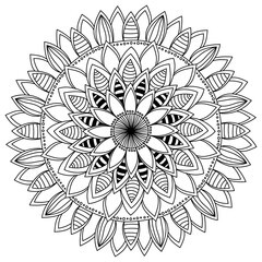 Abstract fanciful flower shaped mandala creative coloring page with striped petals for activity