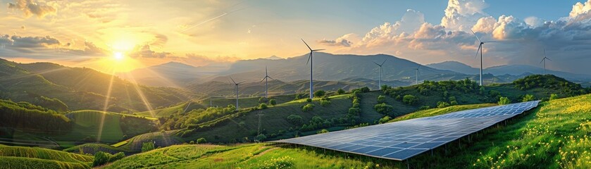 A stunning panoramic view of solar panels and wind turbines in a lush green valley at sunset, with mountains in the background.