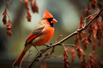 Male cardinal perched on a branch with a yellow flower in the background