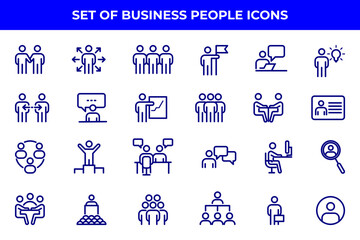 Simple Set of Business People Related Vector Line Icons. Contains such Icons as One-on-One Meeting, Workplace, Business Communication, Team Structure and more.