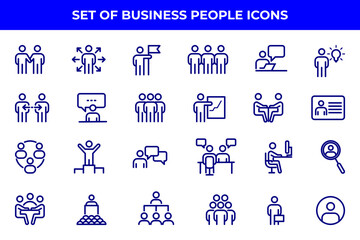 Simple Set of Business People Related Vector Line Icons. Contains such Icons as One-on-One Meeting, Workplace, Business Communication, Team Structure and more.
