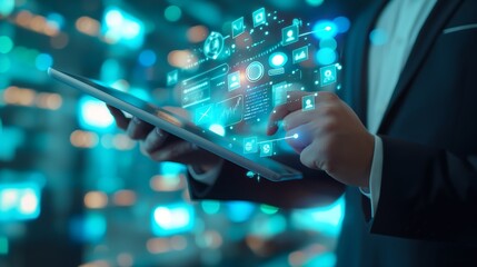 Businessman in Blue themed High Tech Office, Interacting with Digital Icons and Marketing Automation Concepts,