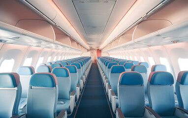 Fototapeta premium Interior of the airplane with blue seats and blue sky in the background