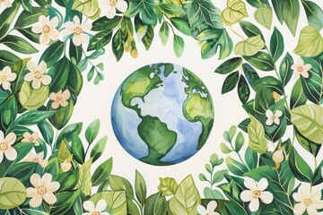 Beautiful watercolor Earth surrounded lush green leaves white flowers, highlighting beauty nature.