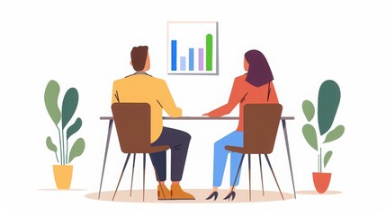 Business meeting with two people discussing charts and graphs, seated at table with plants for an office environment.