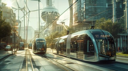 Obraz premium A futuristic cityscape with electric buses and tram lines, powered by renewable energy sources like wind and solar.