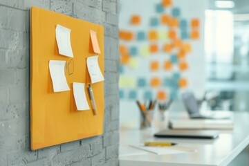 Close-up of sticky notes on a board in modern office, with blurred desk and colorful notes in the background.
