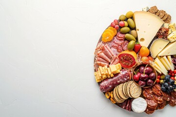 Colorful charcuterie board with an assortment of cheeses, meats, fruits, and crackers on a white background, perfect for gatherings. - Powered by Adobe