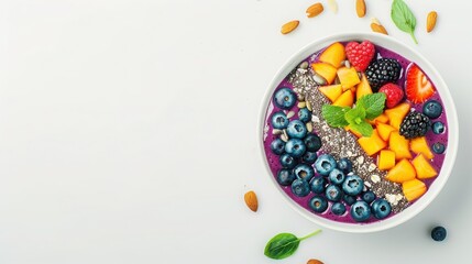 Colorful acai bowl topped with fresh berries, mango, and nuts on a white background, perfect for a healthy breakfast concept.