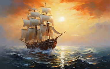Obraz premium Sailing ship in the sea at sunset, 3d illustration.