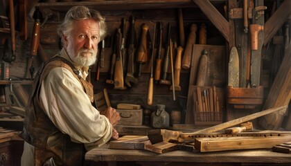 A skilled and experienced senior carpenter is dedicated to a detailed woodworking project in his wellequipped workshop AIG58