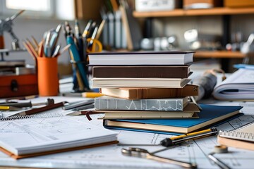 A balanced stack of technical manuals and engineering notebooks, surrounded by drafting tools on a drafting table.