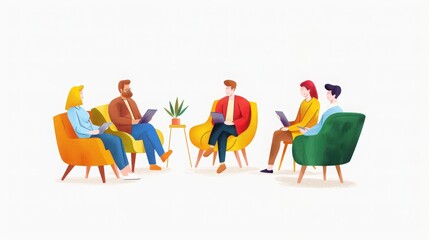 Illustration of diverse business team in casual meeting discussing work ideas, seated in colorful chairs, fostering team collaboration.