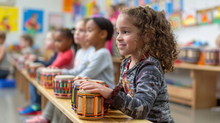 Children Learning International Instruments: A classroom where children are learning to play a variety of international musical instruments, fostering cultural appreciation and joy