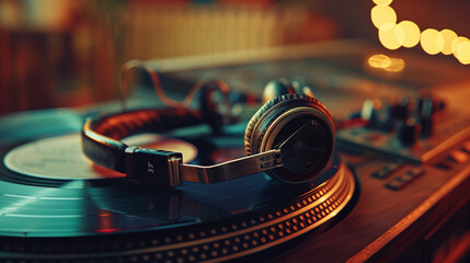 Fototapeta premium Vintage Over-Ear Headphones Resting on Old Vinyl Record Player, Marrying Modern Quality and Design with Classic, Dependable Appeal