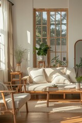 Scandinavian style living room with wooden furniture and natural decor