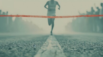 Runner crossing the finish line in a race, symbolizing achievement, determination, and the essence of competitive sports. Blurred background.