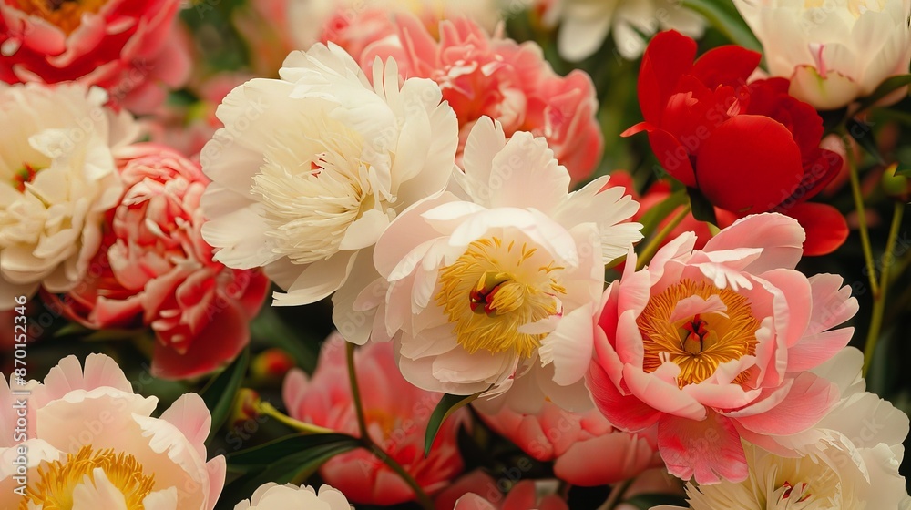 Poster Peonies burst into bloom with lush, full petals in shades of pink, white, and red, their beauty fleeting but unforgettable.