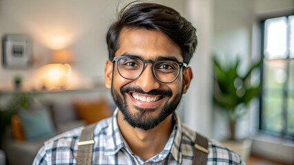 Portrait Of Smiling Indian Man With Eyeglasses And Braces In Home Interior