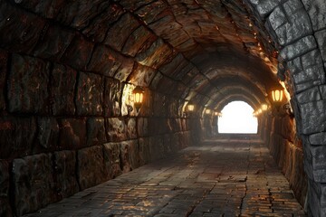 Dimly lit stone tunnel with arched ceiling leading to a bright exit. The ancient passageway is illuminated by wall-mounted lanterns.