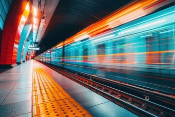Fototapeta premium Vibrant urban subway with motion blur of a speeding train at a modern station, capturing city life and transportation dynamics.