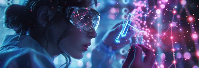 Scientist in a white coat examining DNA sequence in futuristic laboratory setting