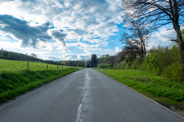 Serene country road under cloudy sky picturesque rural landscape with trees, grass, calming atmosphere
