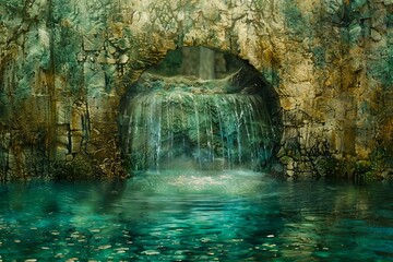 A waterfall in a cave with a green water.