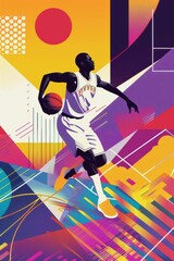 Abstract illustration of a basketball player dribbling the ball with a colorful geometric background.