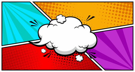 Abstract creative concept comic pop art style blank, layout template with clouds beams and isolated dots background. empty speech bubble, vector illustration halftone book design