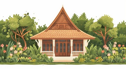 Charming traditional house surrounded by lush tropical foliage and trees, featuring intricate wooden architecture in a serene garden setting.