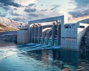 Hydroelectric power station with turbines and water rushing through, generating renewable energy