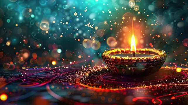 Graphic resource happy Diwali lighting background. flat way one Dilwali lamp vestifal with flower and background blur bokeh