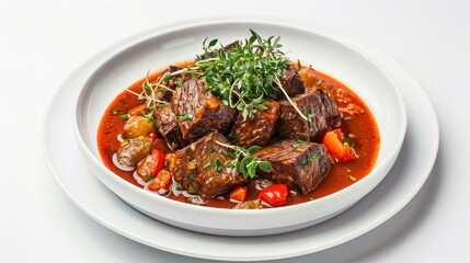Delicious beef stew with vegetables and fresh herbs served in a white bowl, perfect for a hearty and flavorful meal.