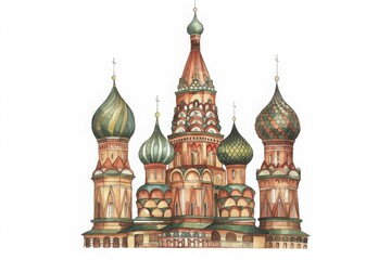 Obraz premium Detailed watercolor illustration of Saint Basil's Cathedral with intricate domes and architectural elements, set against a white background.