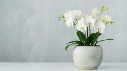 Elegant white orchid flowers in a minimalist ceramic pot against a light gray wall, perfect for home decor and interior design inspiration.