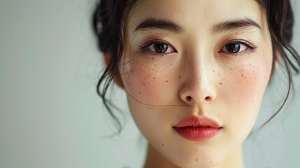 Portrait of a young individual with a serene expression, light makeup, and small freckles, set against a neutral background.
