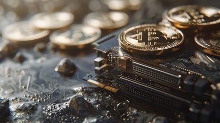 Close-up of Bitcoin coins on a computer motherboard, symbolizing cryptocurrency and blockchain technology.