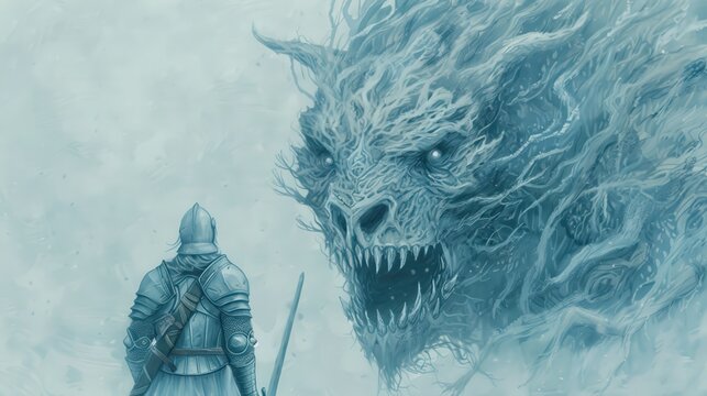 Epic fantasy artwork of a knight facing a giant dragon in a misty, ethereal landscape. The knight stands ready with a sword.