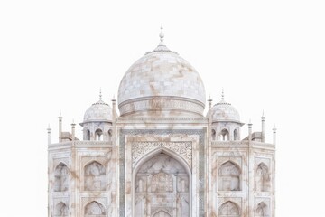 Obraz premium Stunning white marble facade of the iconic Taj Mahal, captured in an elegant and majestic view against a clear sky.