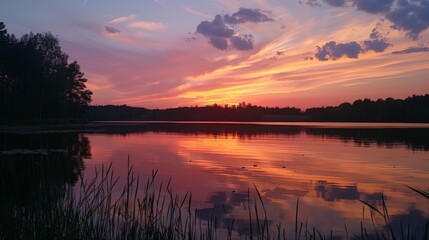 Fototapeta premium Summer evenings are magical, with the sky painted in hues of orange and pink as the sun sets, and the air filled with the sound of crickets chirping.