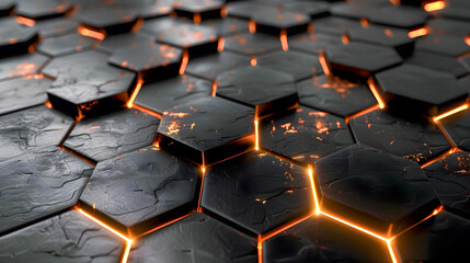 Obraz premium Sleek Hexagonal Black Metal Panels with Luminous Golden Filaments Tracing the Geometric Surfaces Striking High Contrast Lighting Elegant Minimalist Design Awe Inspiring Futuristic Atmosphere