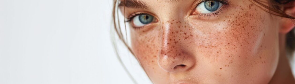 A close-up image focusing on a person's blue eyes and freckled skin, with a white background.