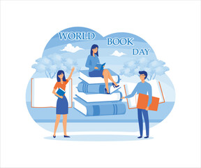 Fototapeta premium World book day. Reading a picture book on World Book Day. flat vector modern illustration