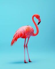 Fototapeta premium A vibrant pink flamingo with a curved neck stands gracefully against a bright blue background.