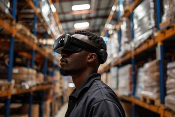 A man wearing a VR headset stands in a warehouse, utilizing virtual reality for inventory management. AIG62
