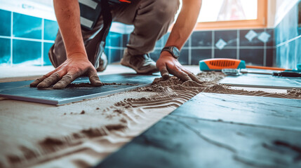 Worker Laying Tiles in Bathroom Renovation, Home Renovation