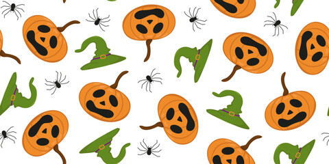 Vector image of a Halloween pumpkin. Seamless pumpkin pattern with carved scary faces, hat and spiders. Image for textiles, packaging and wallpaper.